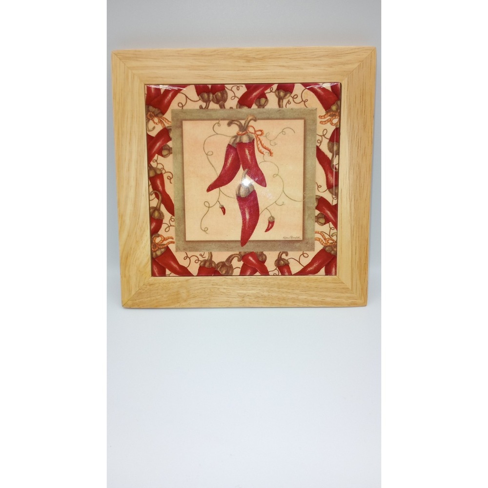 Chili Pepper TILE TRIVET or Hot Plate Oak Wood Frame WALL ART Southwestern